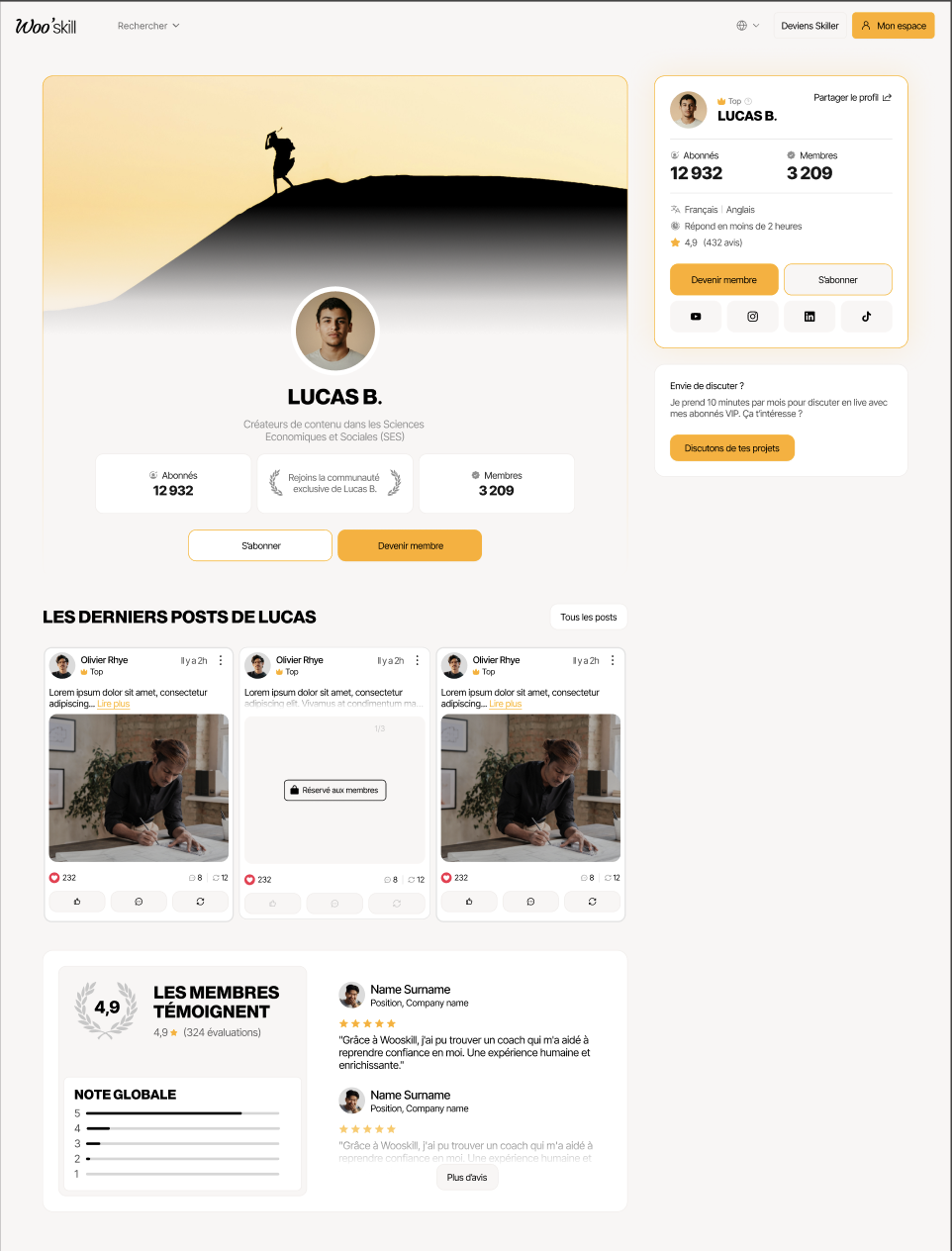 Page profil d'un membre de communauté Wooskill avec ses publications et activités