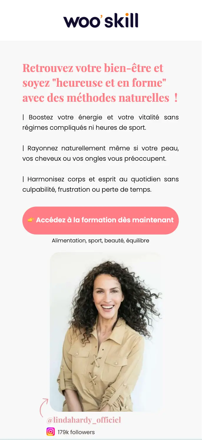 Aperçu d'une page de vente créée avec Wooskill pour promouvoir une formation en ligne